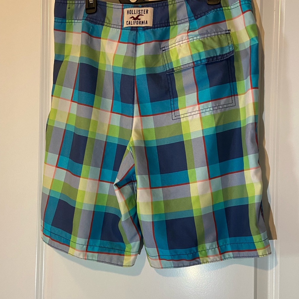 Hollister Boardshorts Swim Trunks Men's Size Large Blue Neon Green Plaid Unlined - Picture 4 of 12